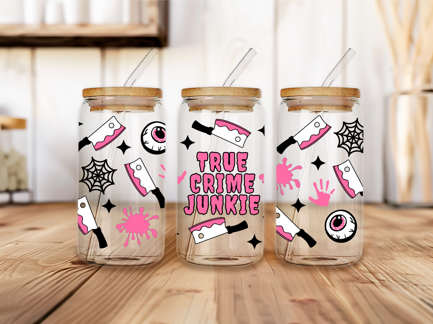 Pink True Crime Junkie Glass Cup