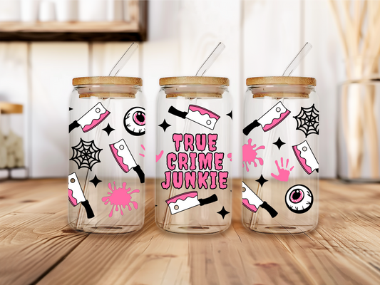 Pink True Crime Junkie Glass Cup