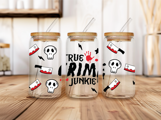 Red True Crime Junkie Glass Cup